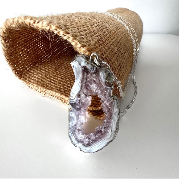 NEW Artisan Lavender Quartz Stone Slice Pendant on Sterling Silver Chain - Picture 4 of 13